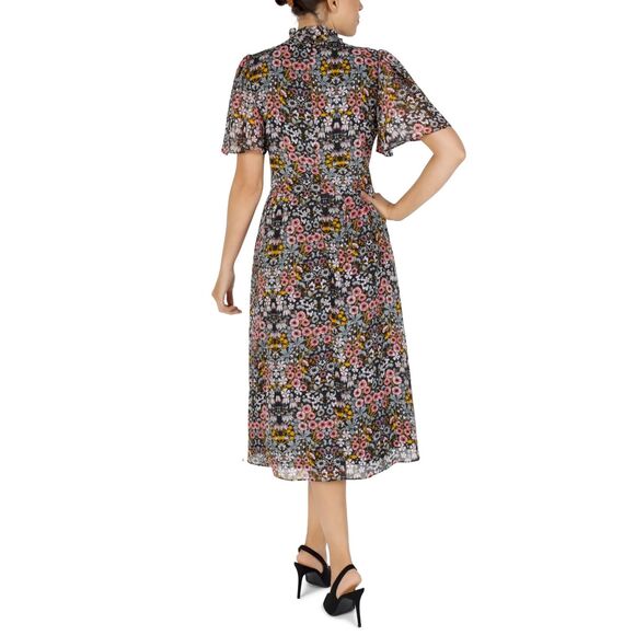Julia Jordan Flutter Sleeve Ruffle Mock Neck Midi Dress Floral Black Size 8 - Picture 2 of 8